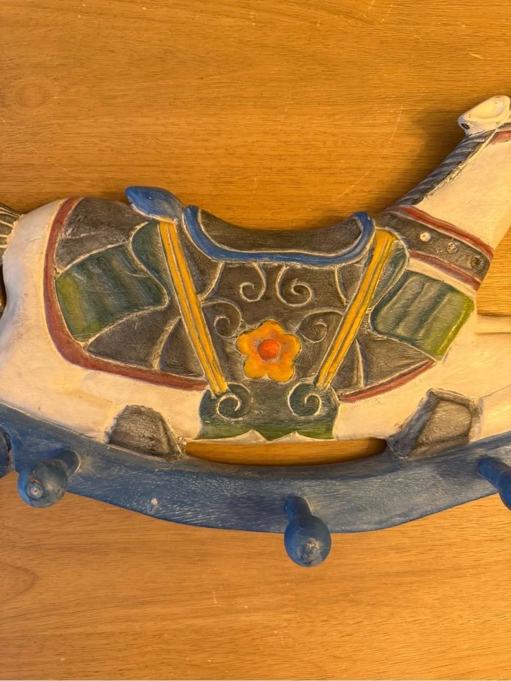 Vintage Rocking Horse Wall Rack Distressed Solid Wood Childs Horse Coat Rack